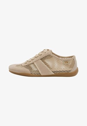 Beige athletic shoe with a mesh upper, suede accents, rounded toe, flat lace-up design, and a rubber sole featuring a slight arch.