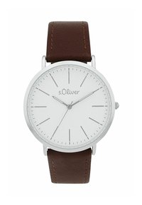 Runde silberne Uhr mit weißem Zifferblatt, silbernen Stundenmarkierungen und einem braunen Lederarmband mit Stickdetails. Marke: s.Oliver.