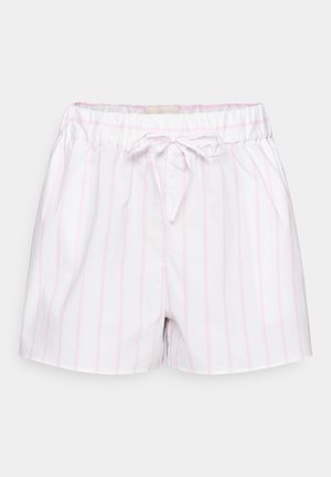Witte shorts met dunne roze verticale strepen, gemaakt van zacht materiaal. Voorzien van een elastische tailleband en een trekkoord voor een aanpasbare pasvorm.