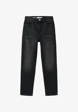 Zwarte denim jeans met een rechte pasvorm, vijf zakken en een klassieke knoopsluiting. Heeft subtiele vervagingen en een nette afwerking.