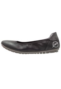 Black leather ballet flat with textured upper, elasticized rim, and rubber sole featuring small grooves. Accented with a metallic heel detail.