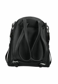 Sac à dos en cuir noir avec une surface texturée, doté de bretelles ajustables, de quincaillerie en métal et d'une forme compacte.