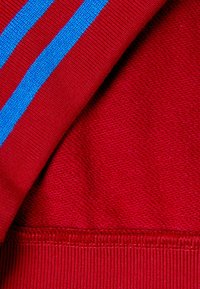 Czerwona tkanina z niebieskimi paskami, pokazująca gładką fakturę na górze oraz bardziej teksturowane wykończenie na spodzie, z żebrowaną krawędzią.