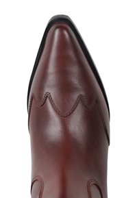 Punta afilada de una bota de cuero marrón oscuro pulido con costuras en zigzag decorativas cerca del borde frontal.
