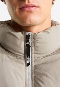 Близък план на човек, носещ бежово пухено яке с черен цип с марка "The North Face".