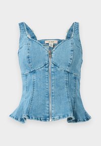 Blue denim top featuring a front zipper, structured cups, wide shoulder straps, and a flared hemline. Textured fabric with stitched details.