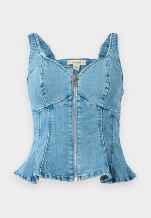 Haut en denim bleu avec fermeture éclair à l'avant, bonnets structurés, bretelles larges et ourlet évasé. Tissu texturé avec des détails cousus.