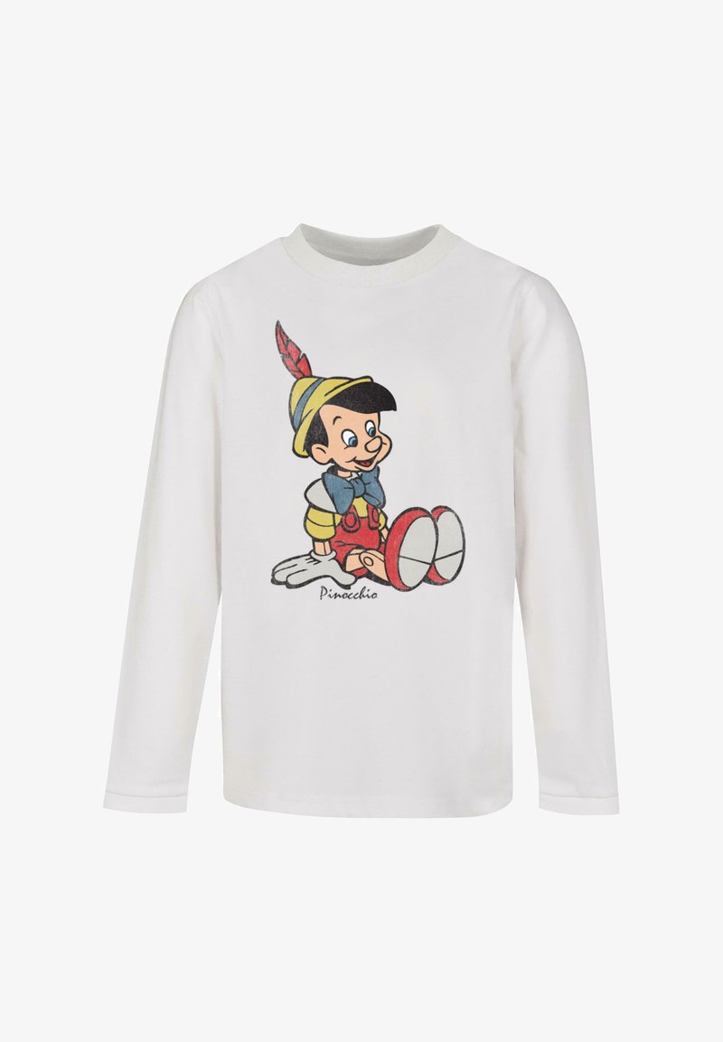 White long-sleeve shirt featuring a colorful Pinocchio graphic. Design includes blue bow tie, yellow hat with red feather, and red pants.