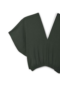 Top corto verde scuro con maniche corte ampie, scollatura a V profonda e orlo arricciato in elastico.