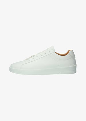 White leather sneaker with flat laces, rounded toe, and a subtle textured finish. Features a rubber sole and minimalist design.