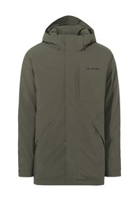 Veste olive verte résistante à l'eau avec capuche, fermeture éclair, poches avant et une poche sur la poitrine. Présente un logo sur le côté supérieur gauche.