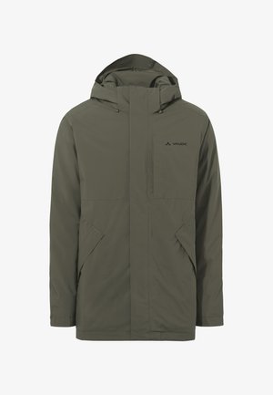 Veste olive verte résistante à l'eau avec capuche, fermeture éclair, poches avant et une poche sur la poitrine. Présente un logo sur le côté supérieur gauche.