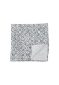 Patterned blanket featuring a gray base with floral motifs in purple and blue. Reversible design with a solid light gray underside.