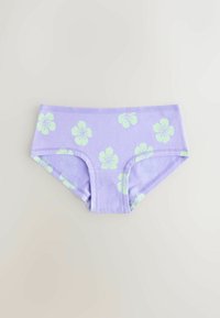 Culotte hipster pour femme couleur lavande avec imprimé de fleurs d'hibiscus vert clair, tissu doux et coutures doubles.