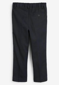 Pantalon bleu marine en tissu avec une texture lisse, de coupe droite, avec une poche arrière à bouton et une taille élastique.