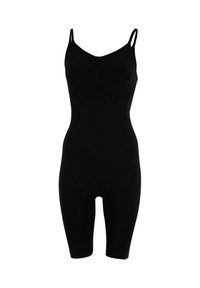 Body nero con spalline sottili regolabili, design aderente e lunghezza fino a metà coscia. Realizzato in un tessuto liscio e elasticizzato.