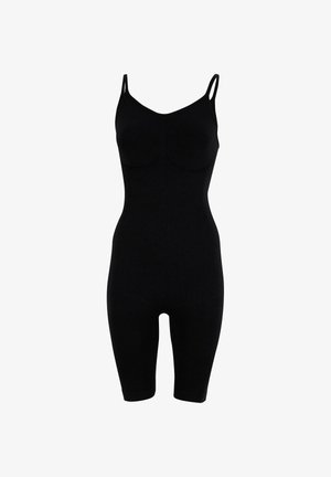 Zwarte body met dunne verstelbare bandjes, een aansluitend ontwerp en een lengte tot halverwege de bovenbenen. Gemaakt van een gladde, rekbare stof.