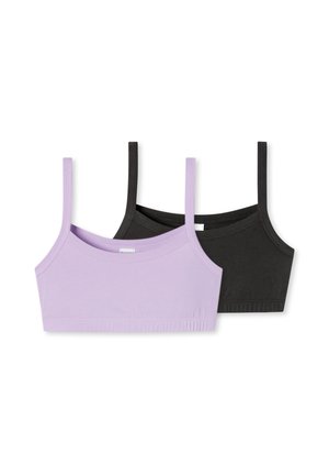 Zwei Baumwoll-Bralettes mit dünnen Trägern, eines helllila vorne und eines schwarz hinten, auf weißem Hintergrund.