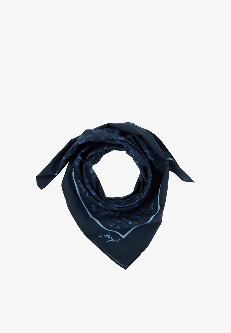 Dunkelblauer Seidenschal mit dezenten Blumenmustern, spiralförmig gefaltet, mit dem Markennamen "Joop!" sichtbar in einer Ecke.