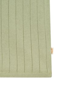 Tissu tricoté côtelé vert clair avec des lignes verticales et une petite étiquette en tissu beige sur le bord droit.