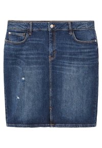 Falda de denim en azul oscuro con un corte recto, longitud a medio muslo, un ligero desgaste y pequeños detalles desgastados en la parte frontal.