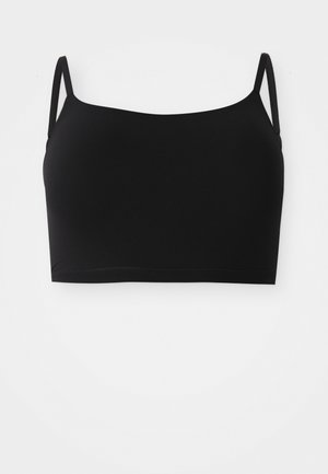 Schwarzer Bralette mit dünnen verstellbaren Trägern, glatter Textur, angepasstem Design und einer einfachen, nahtlosen Silhouette. Keine Polsterung oder Verzierungen.