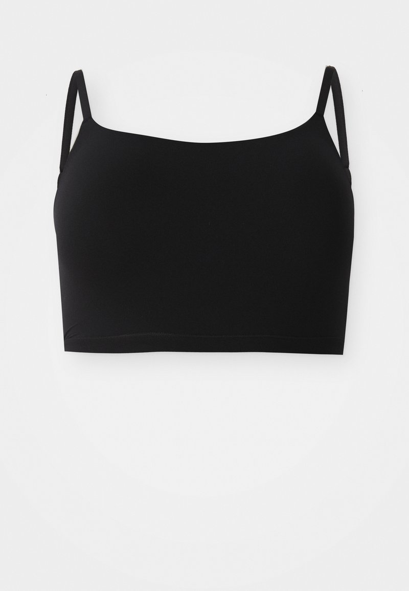 Čierna braletka s tenkými nastaviteľnými ramienkami, hladkou textúrou, priliehavým strihom a jednoduchým, bezšvovým siluetou. Bez vypchávok alebo ozdôb.