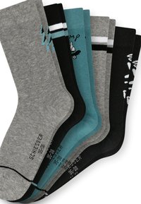 Six pairs of crew socks in gray, black, and teal, featuring various patterns and small graphic designs.