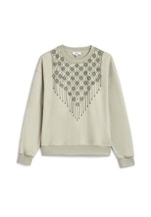 Hellbeiges Sweatshirt mit langen Ärmeln und gerippten Bündchen, mit einem grauen, spitzenartigen Blumenmuster mit hängenden Elementen auf der Brust.