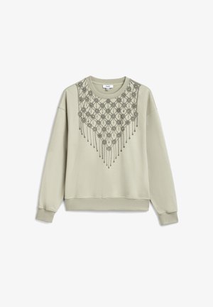 Hellbeiges Sweatshirt mit langen Ärmeln und gerippten Bündchen, mit einem grauen, spitzenartigen Blumenmuster mit hängenden Elementen auf der Brust.