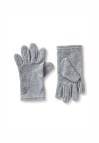 Gants en polaire grise avec cinq doigts et un pouce arrondi. Le tissu est doux et comporte une petite étiquette logo au niveau du poignet.