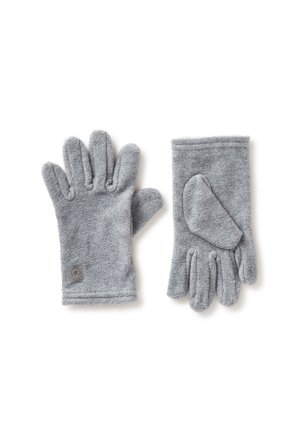 Graue Fleece-Handschuhe mit fünf Fingern und einem abgerundeten Daumen. Der Stoff ist weich und hat ein kleines Logo-Patch am Handgelenk.