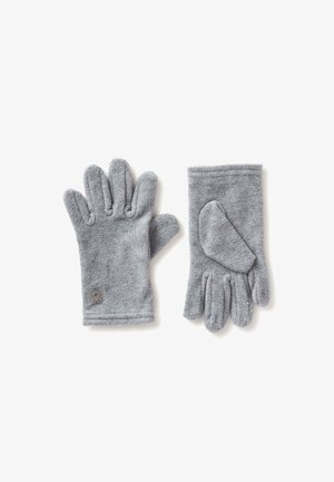 Szare rękawice polarowe z pięcioma palcami i zaokrąglonym kciukiem. Materiał jest miękki, a na nadgarstku znajduje się mała naszywka z logo.