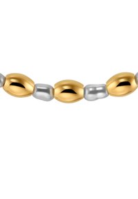 Collier métallique composé de perles ovales alternées en or et en argent, texture lisse, avec une finition brillante et des surfaces réfléchissantes.