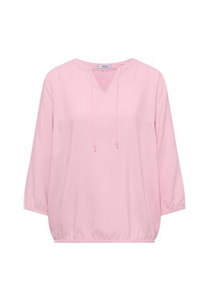 Camicia a maniche lunghe di colore rosa chiaro con orlo elastico e collo a V con coulisse, realizzata in tessuto morbido e leggero.