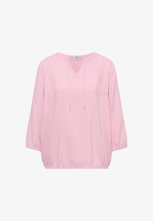 Blusa de manga larga color rosa claro con dobladillo elástico y cuello en V con cordón, hecha de tela suave y ligera.