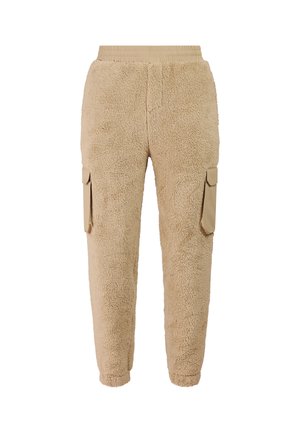 Beige fleece joggingbroek met elastische tailleband, elastische boorden en klepzakken aan beide zijden.