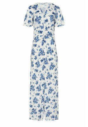 Weißes Midikleid mit kurzen Ärmeln, blauem Blumenmuster und Knöpfen vorne, mit V-Ausschnitt und tailliertem Schnitt.