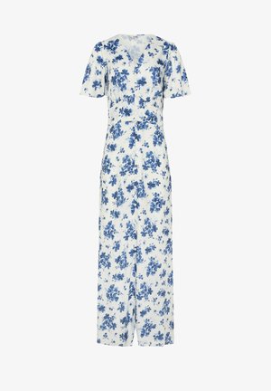 Valkoinen lyhythihainen midimekko, jossa sininen kukkakuosi ja edessä napit, V-kaulus ja istuva vyötärö.