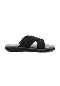Sandalias informales negras tipo slip-on con tiras cruzadas, fabricadas en suave ante. Presentan una suela texturizada y una plantilla plana para mayor comodidad.