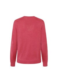 Roter Strickpullover mit langen Ärmeln, rundem Halsauschnitt und einem strukturierten Muster auf den Ärmeln. Weicher Stoff mit lockerer Passform.