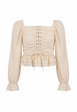 Bluse in Creme mit langen Ärmeln, geraffter Front, Schnürdetail, Volant-Saum und elastischen Bündchen, gestaltet im Stil mit quadratischem Ausschnitt.