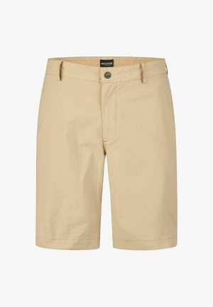 Beige shorts van lichtgewicht stof. Voorzien van een knoopsluiting, twee voorkruiken en een rechte zoom. Minimalistisch ontwerp.
