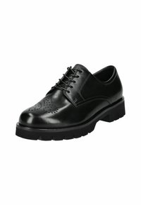 Chaussure habillée en cuir noir avec un motif perforé sur le bout, lacets ronds et une semelle en caoutchouc épaisse et texturée.