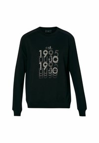 Felpa nera con stampa grafica che riporta il testo "est. 1995 LIU JO" in diverse texture e dimensioni sulla parte anteriore.