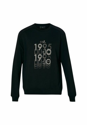 Felpa nera con stampa grafica che riporta il testo "est. 1995 LIU JO" in diverse texture e dimensioni sulla parte anteriore.
