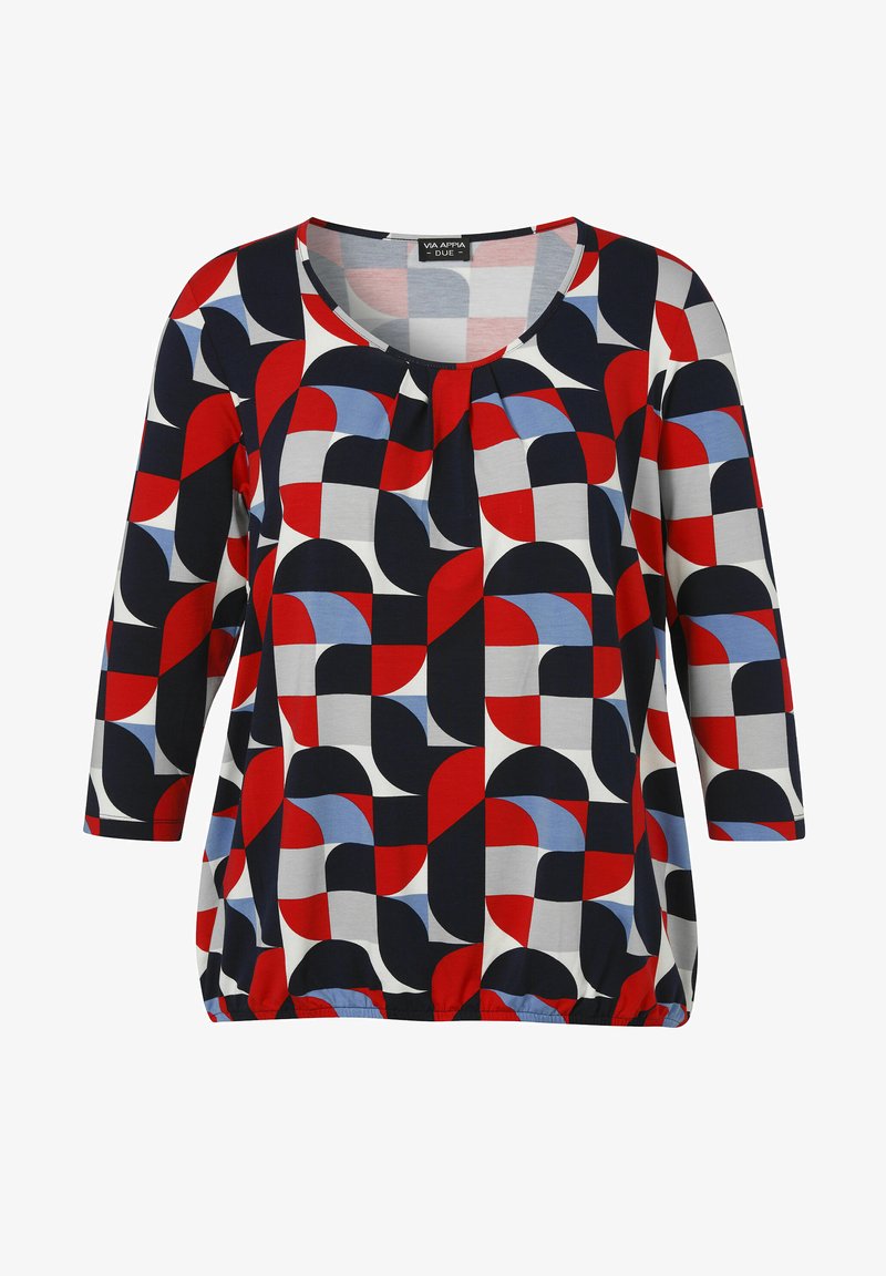 Damen-Langarmshirt mit rundem Ausschnitt, elastischem Saum und geometrischem Muster in Rot, Schwarz, Weiß und Blau mit Quadraten und geschwungenen Formen.