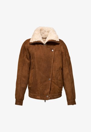 Giacca in suede marrone con colletto in pelliccia sintetica, chiusura con zip e bottoni a pressione. Dotata di due tasche frontali e vestibilità rilassata.