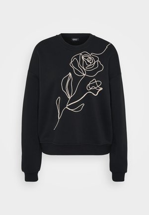 Sweatshirt noir avec un design de rose brodé en beige clair sur le devant, coupe décontractée et poignets côtelés.