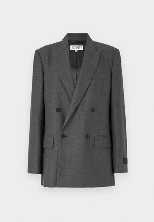 Gray double-breasted blazer in a textured fabric. Features notched lapels, two front pockets, and black button accents. Lined interior.